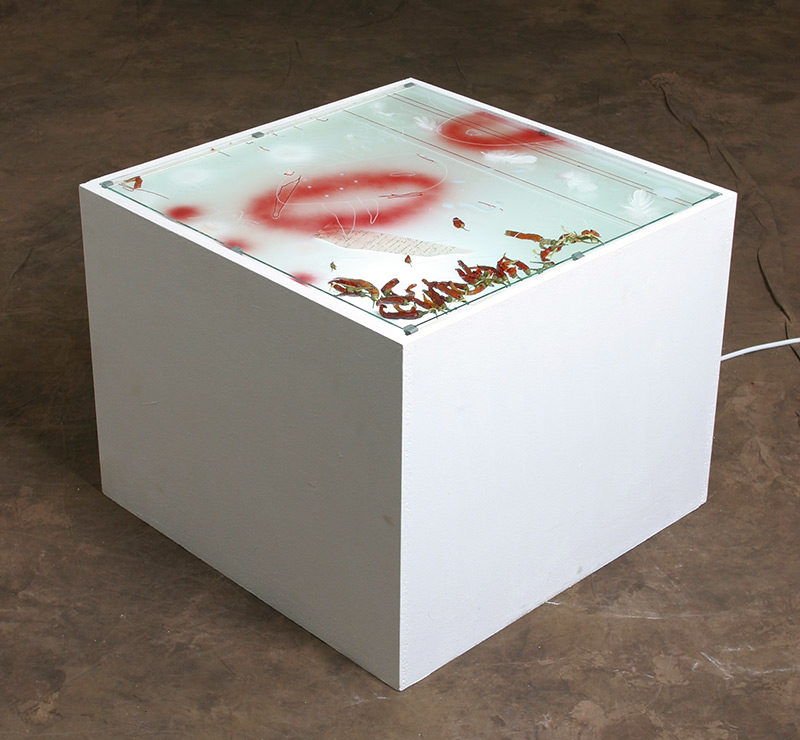 pjeskarenje, laminiranje, airbrush / sanding, lamination, airbrush, 64x64x51x51 cm, 2005.
